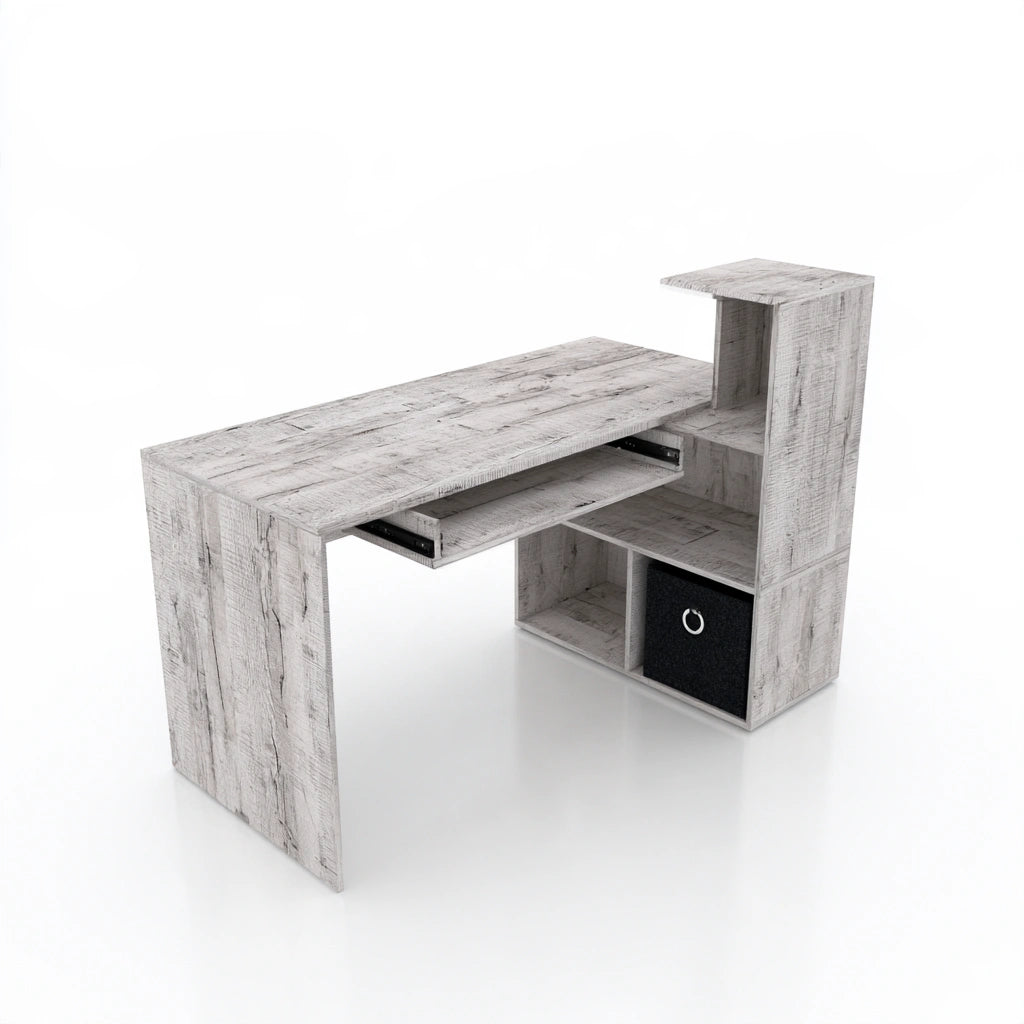Vyrnloft light gray wooden office desk with textured wood surface, angled view, suitable for home or professional workspace.