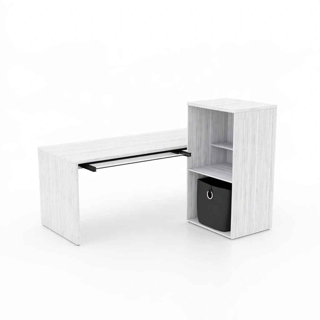 Light gray wood textured Vyrnloft desk with angled view, ideal for home or office workspace, part of Kantoormeubels collection