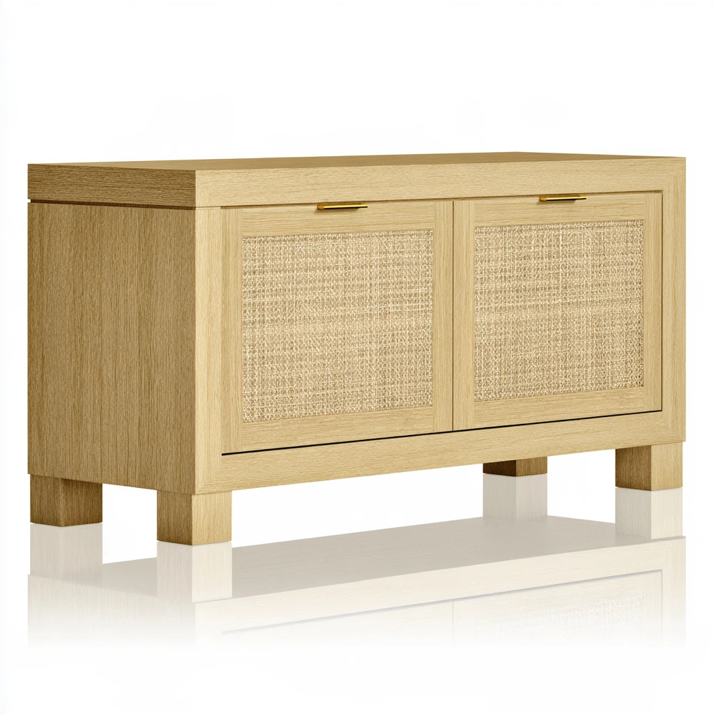Vyrnloft light oak wooden storage cabinet with two doors, ideal for living and garden organization, in a light brown finish.