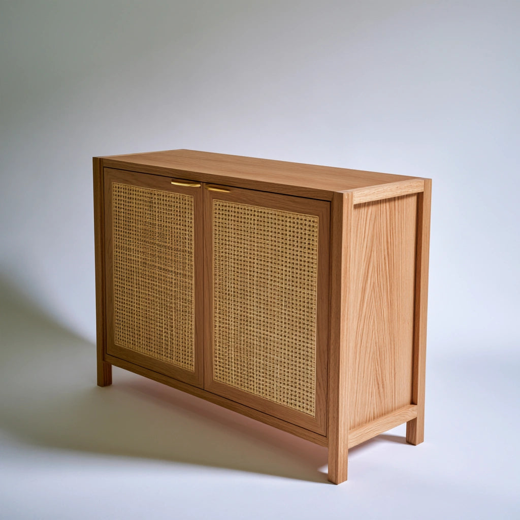 Vyrnloft light oak wooden storage cabinet with two doors, ideal for living and garden organization, in a light brown finish.