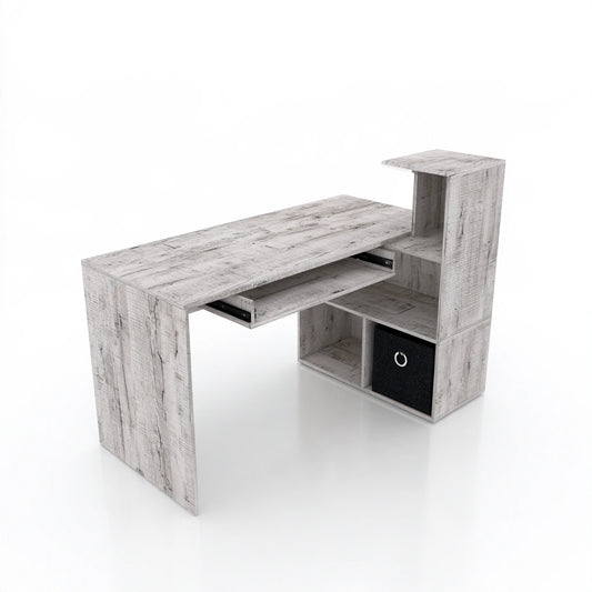 Vyrnloft light gray wooden office desk with textured wood surface, angled view, suitable for home or professional workspace.