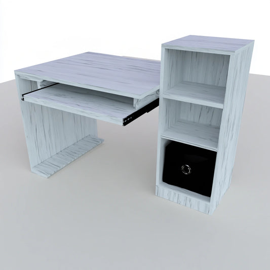 Light gray wooden desk with textured surface, Vyrnloft office workstation shown from an angled view in a home or office setting.