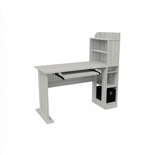 Vyrnloft light gray wooden bureau desk with textured finish, angled view, suitable for home or office workspace.