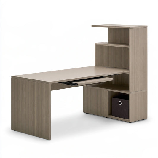 Vyrnloft light gray wooden office desk with textured surface, angled view, suitable for home or professional workspace.