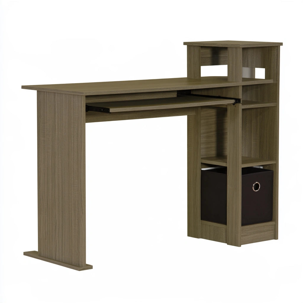 Light gray wooden office desk by Vyrnloft, angled view showing textured surface and modern design for home or workspace.