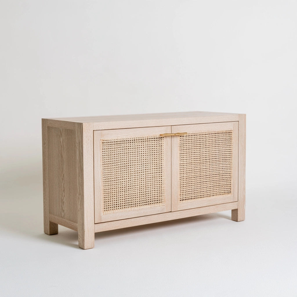 Vyrnloft light oak wood storage cabinet with two doors, ideal for living and garden organization, angled view.