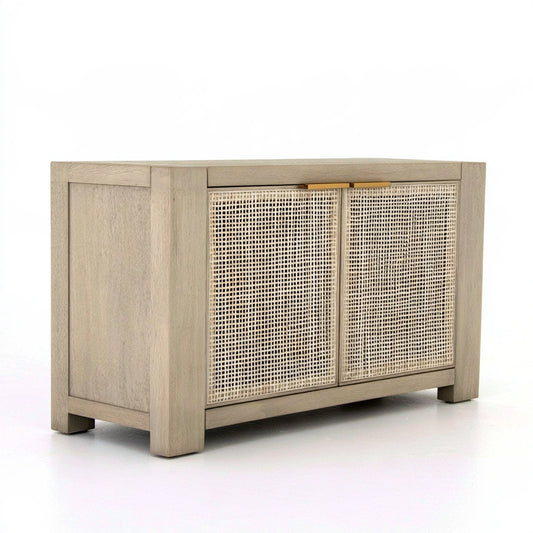 Light oak Vyrnloft storage cabinet with two doors, angled view of wooden console cabinet for living and organizing spaces.