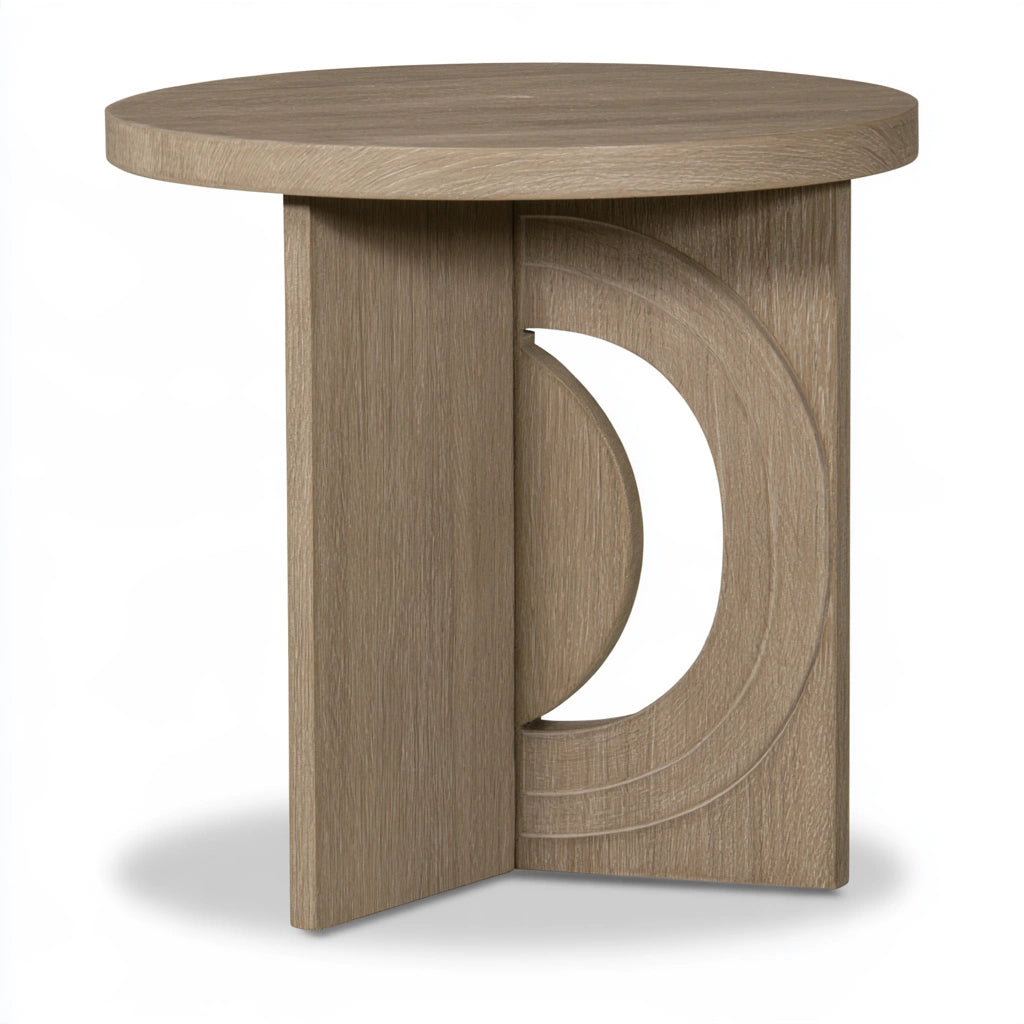 Vyrnloft light oak round side table with a natural wood finish, ideal for living room or lounge area decor.
