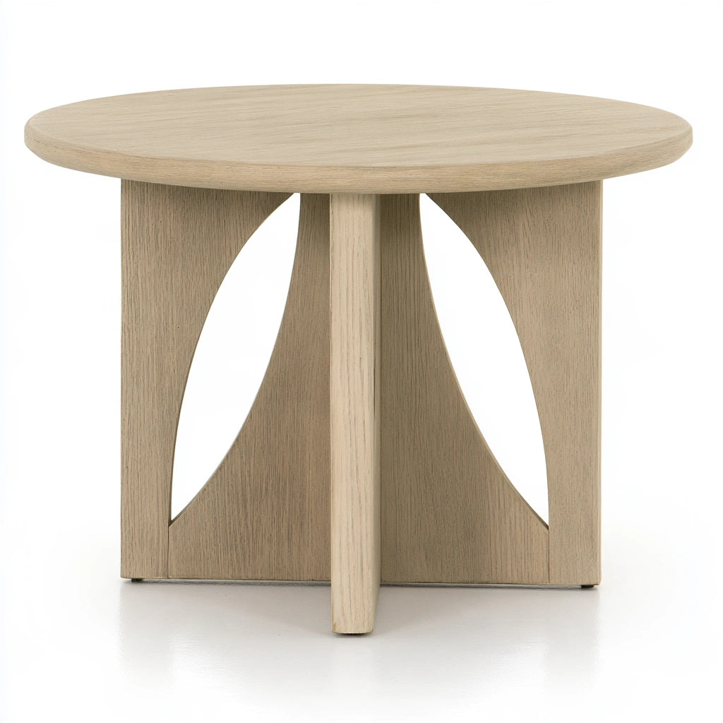 Vyrnloft light oak round accent table with wooden finish, modern living room furniture for living and garden spaces.