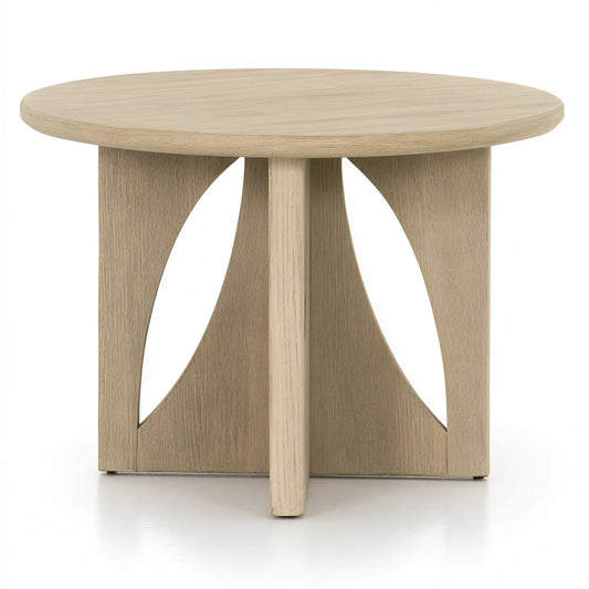Vyrnloft light oak round accent table with wooden finish, modern living room furniture for living and garden spaces.