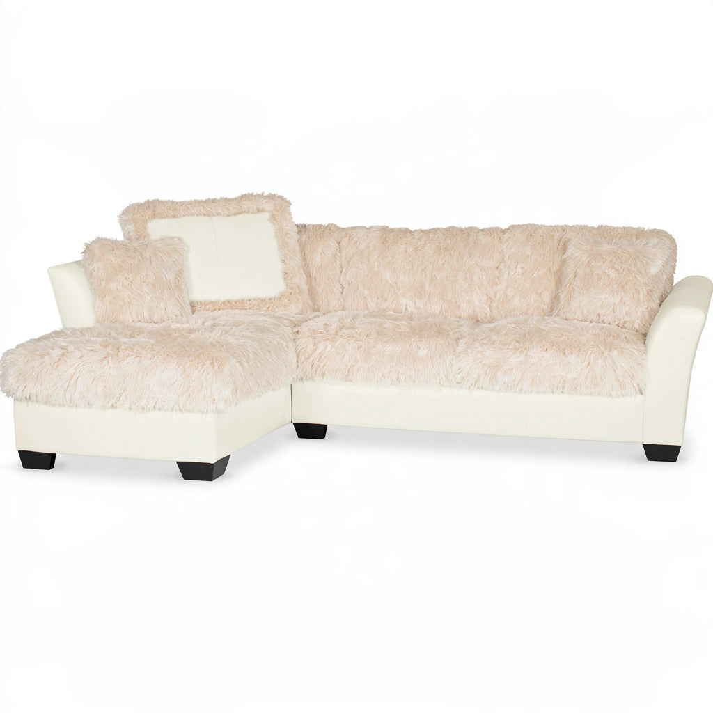 Modern beige Vyrnloft modular sectional sofa viewed from an angle, showcasing its stylish and comfortable living room design.
