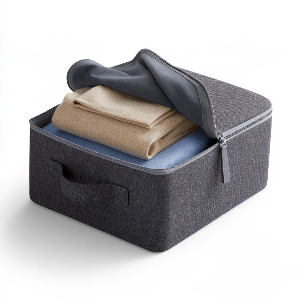 Vyrnloft grey rectangular underbed storage box for organizing and storing items in living and garden spaces.
