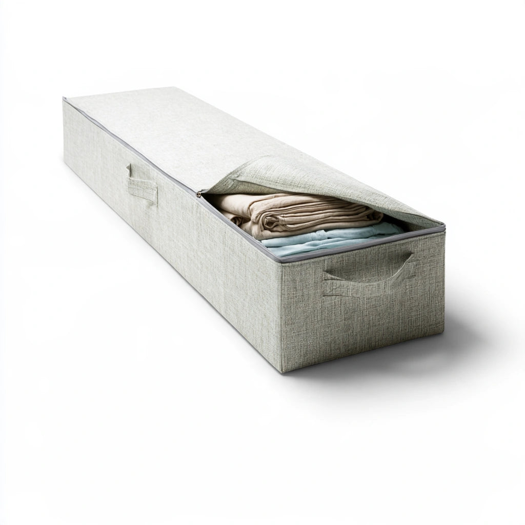 Vyrnloft grey rectangular underbed storage box for organizing in living and garden spaces, shown from an angled view.