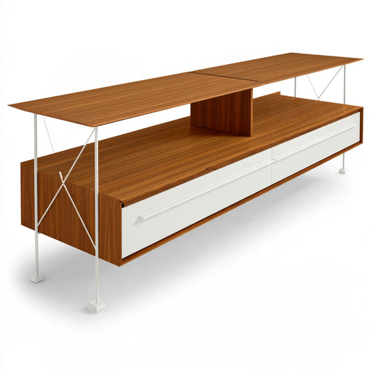 Vyrnloft gray TV-meubel with rectangular design, angled view showing top and middle storage compartments in living room setting.