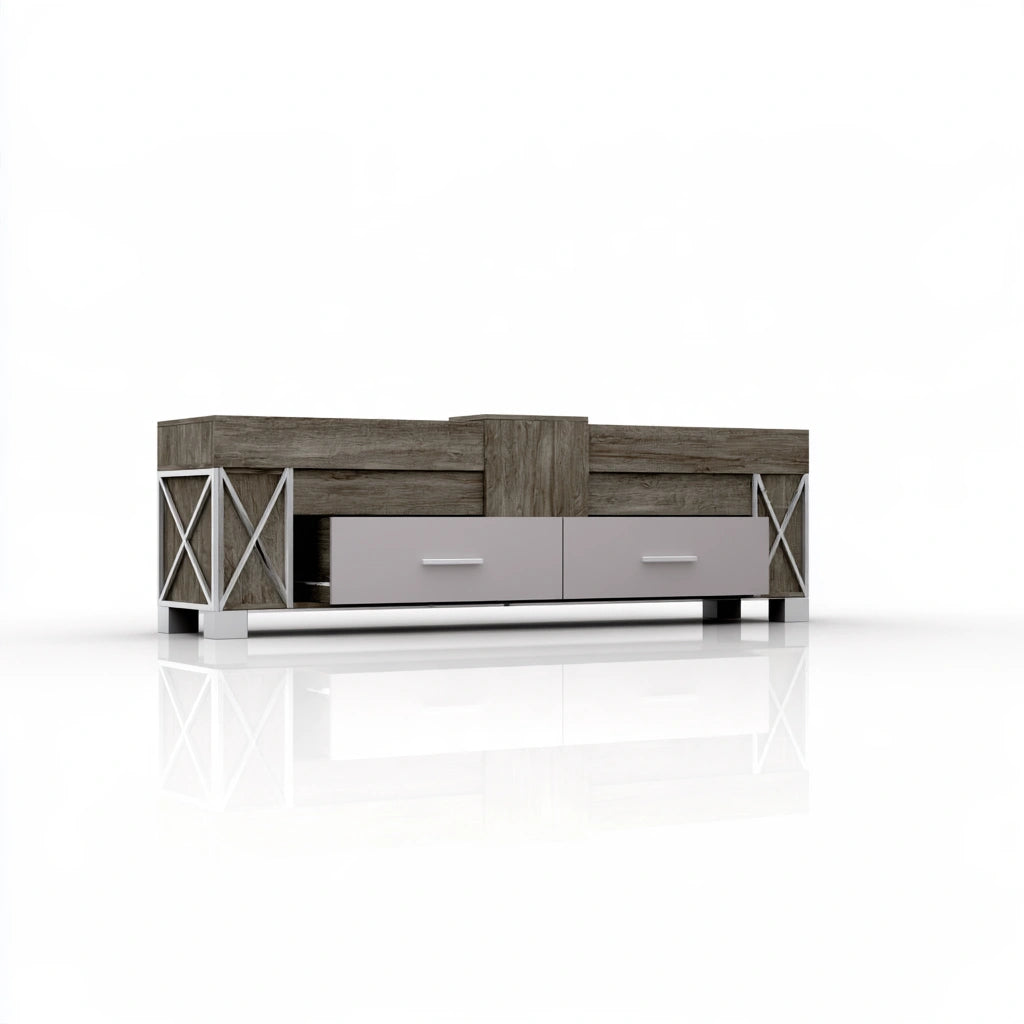 Vyrnloft gray TV console with rectangular design, angled view showing top and middle sections, ideal for living room entertainment.