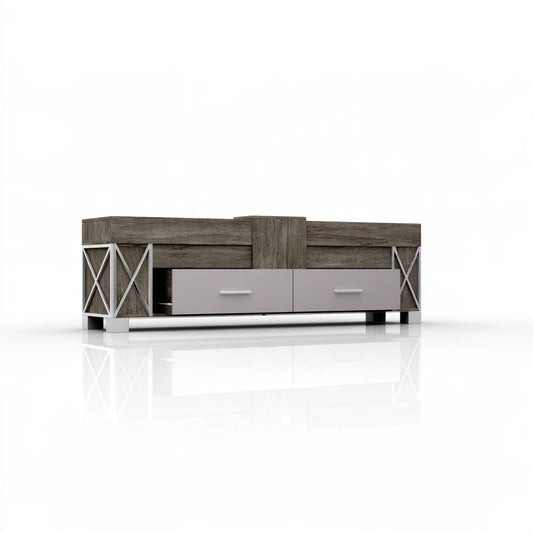 Vyrnloft gray TV console with rectangular design, angled view showing top and middle sections, ideal for living room entertainment.