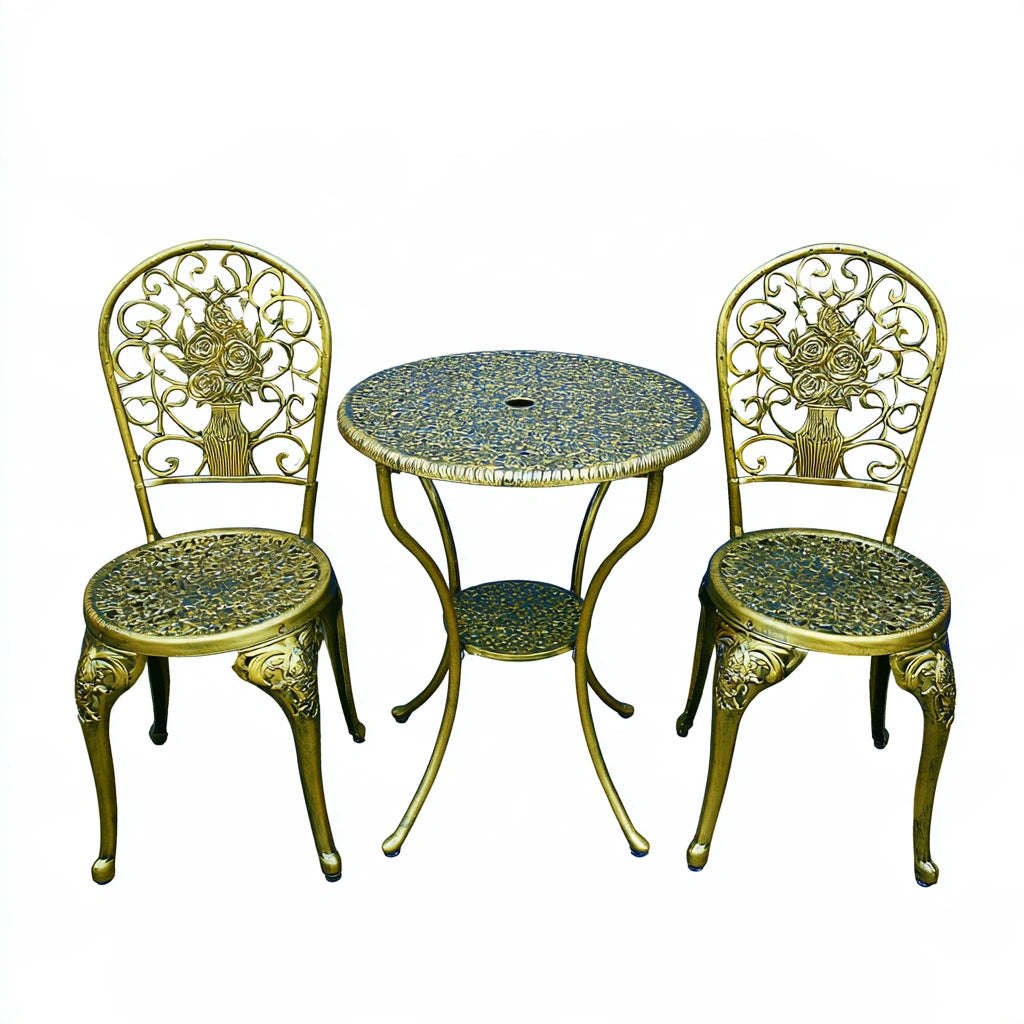 Vyrnloft bronze-colored outdoor garden furniture set with a table and chairs, perfect for patio or garden lounging.