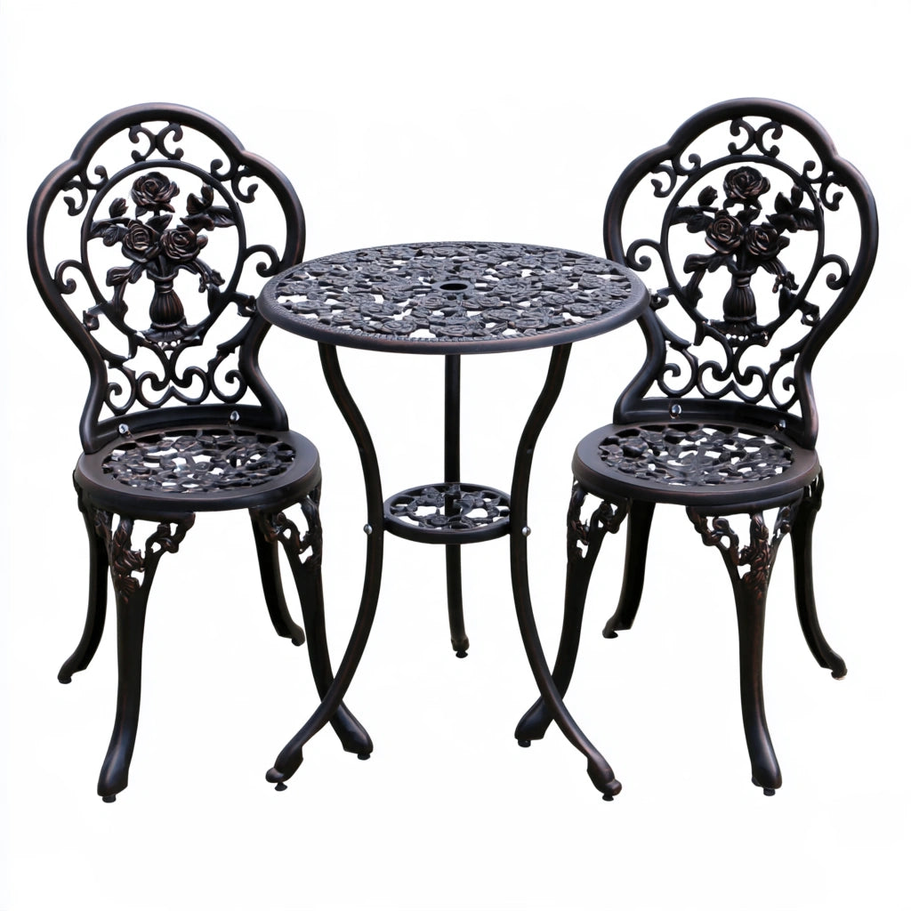 Vyrnloft bronze-colored outdoor bistro garden furniture set with a table and chairs for patio or garden use.