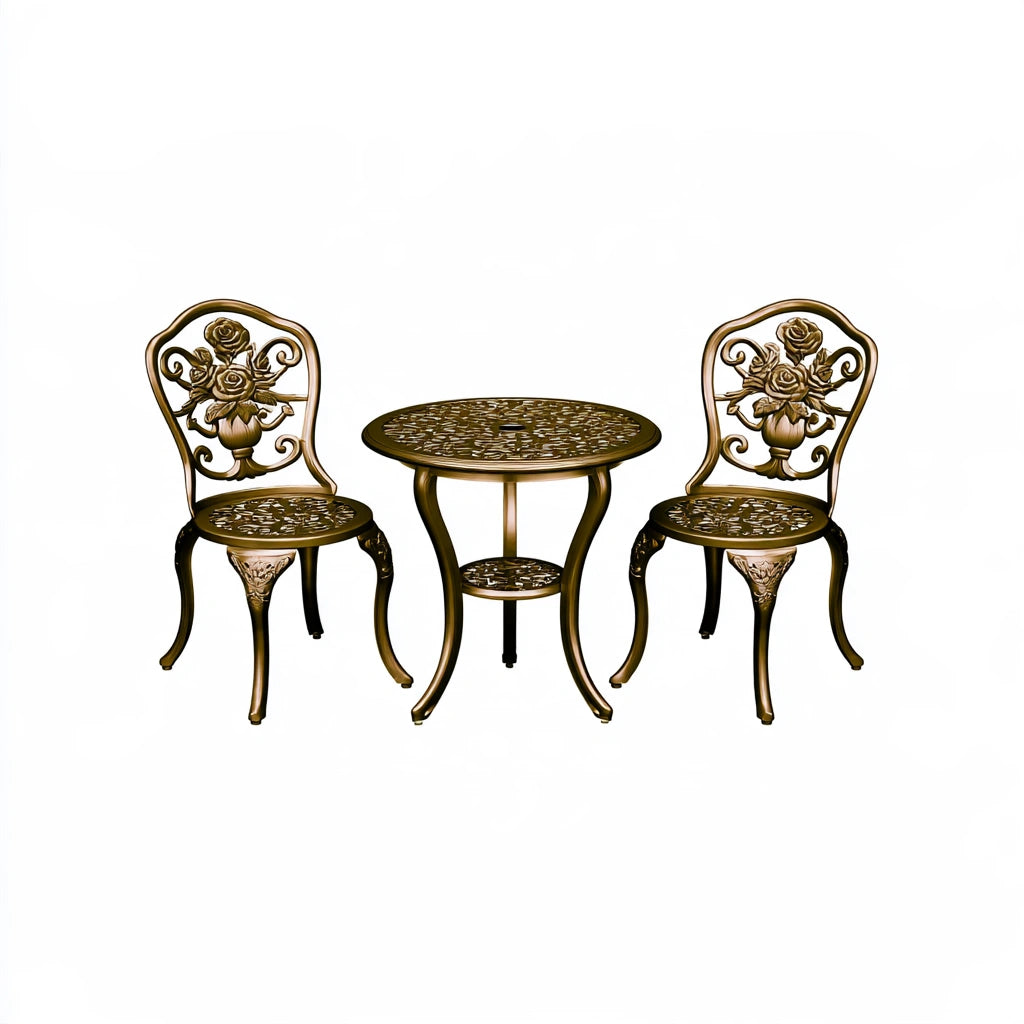 Vyrnloft bronze-colored outdoor bistro garden furniture set with table and chairs, perfect for outdoor dining and relaxing.