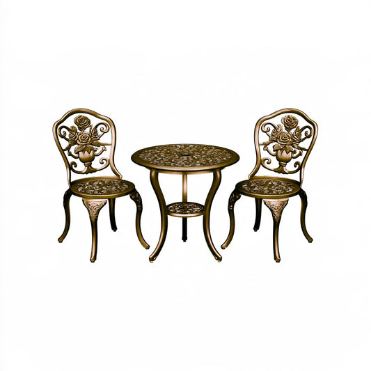 Vyrnloft bronze-colored outdoor bistro garden furniture set with table and chairs, perfect for outdoor dining and relaxing.