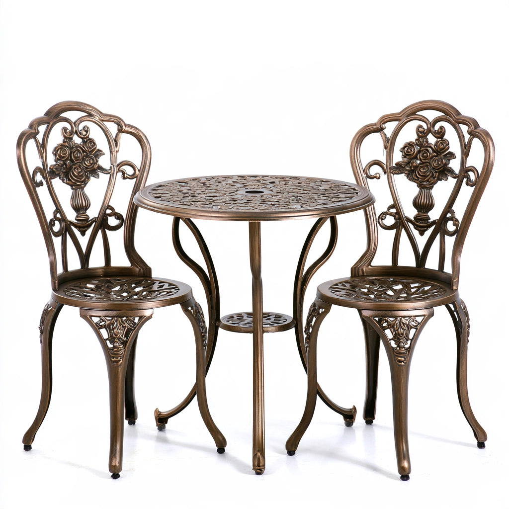 Vyrnloft bronze-colored outdoor bistro furniture set with table and chairs, suitable for garden or patio use.