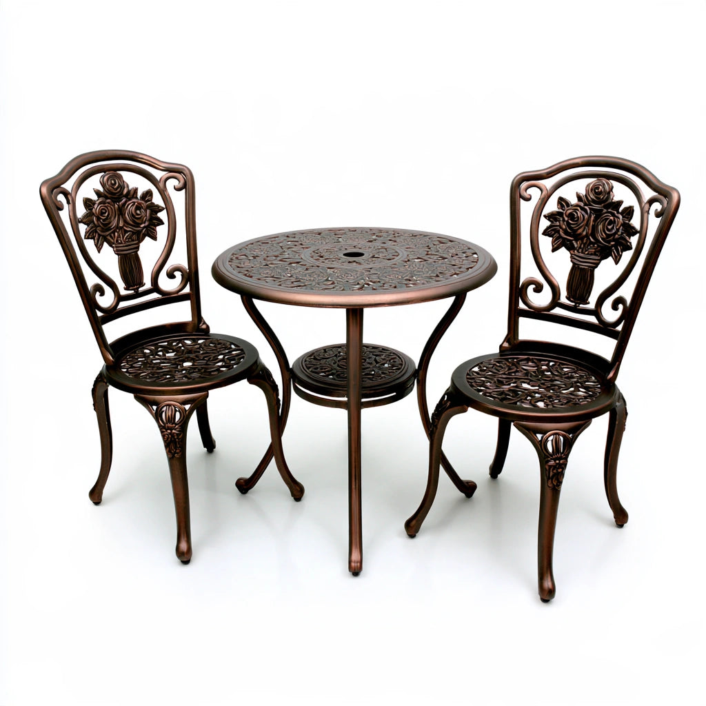 Vyrnloft bronze-colored outdoor bistro furniture set with table and chairs, perfect for garden or patio seating.