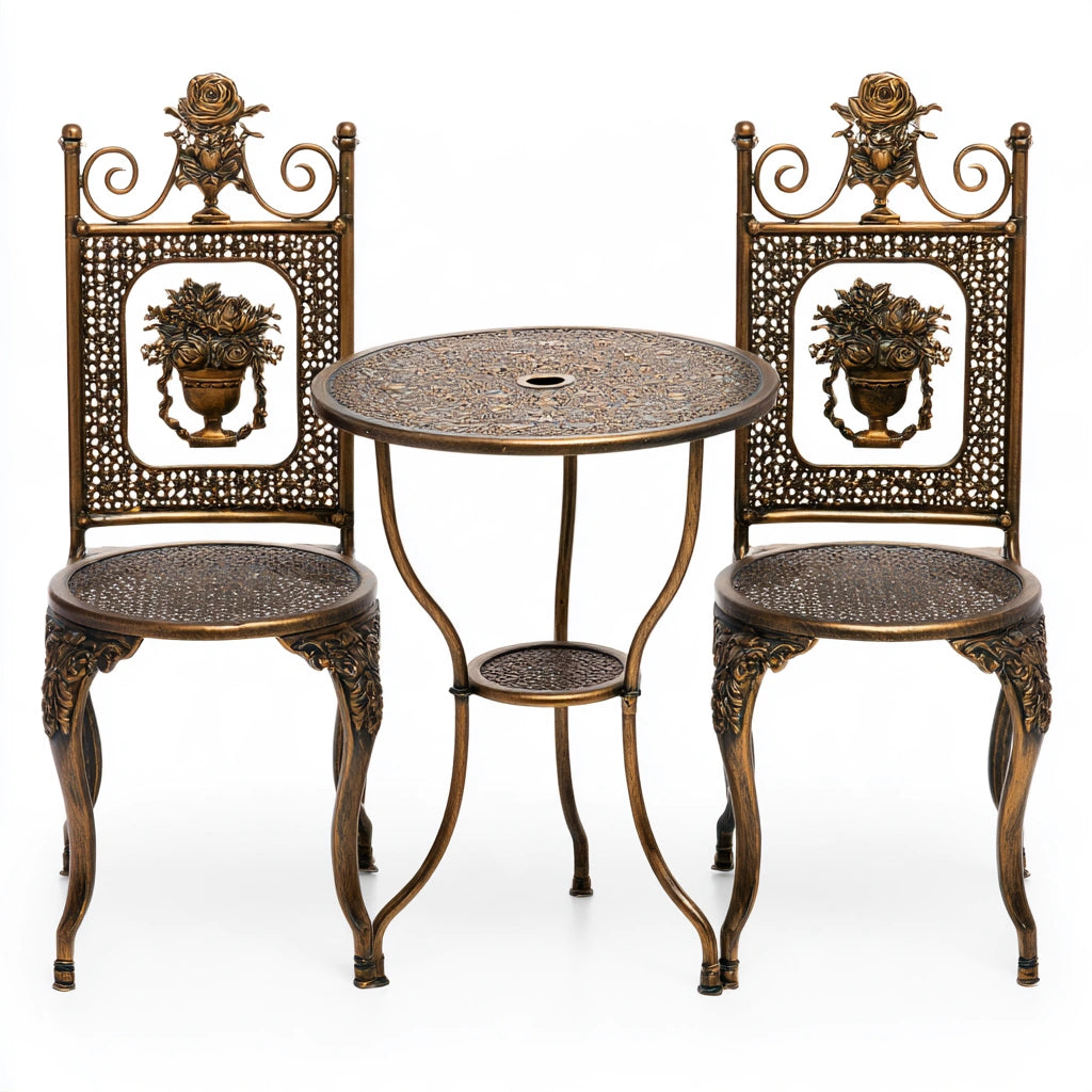 Vyrnloft bronze-colored outdoor garden furniture set with a table and chairs, perfect for patio or garden relaxation.