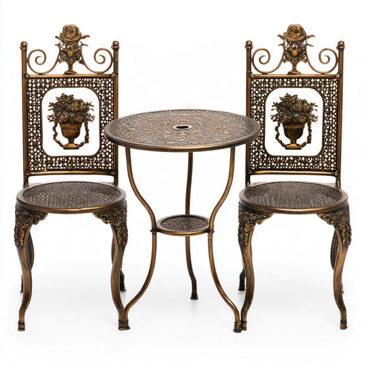 Vyrnloft bronze-colored outdoor garden furniture set with a table and chairs, perfect for patio or garden relaxation.