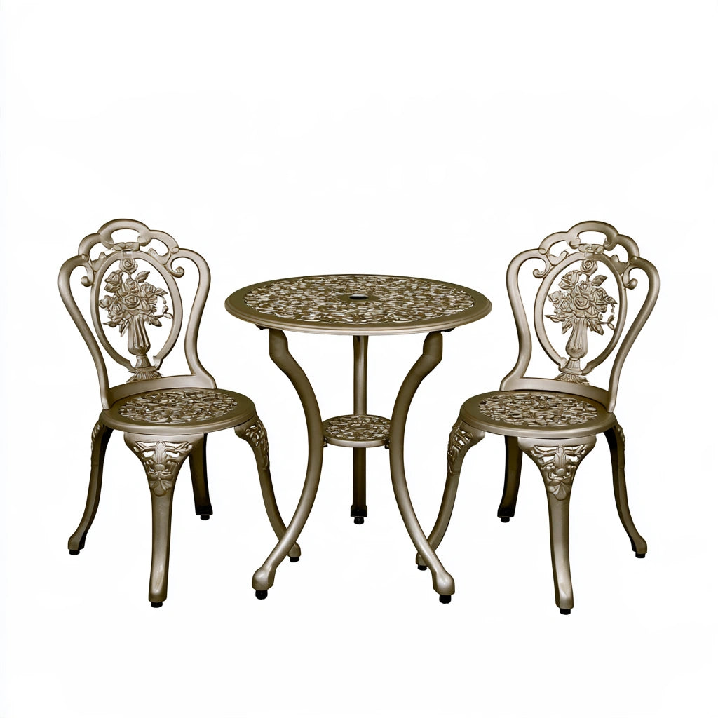 Vyrnloft bronze-colored outdoor bistro furniture set with table and chairs, perfect for garden or patio seating.