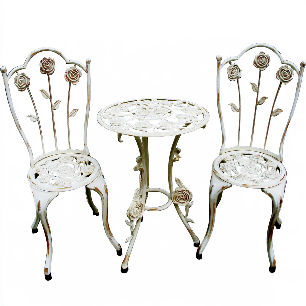 Vyrnloft white aluminum garden bistro set with table and chairs, outdoor patio furniture for relaxing in the garden.