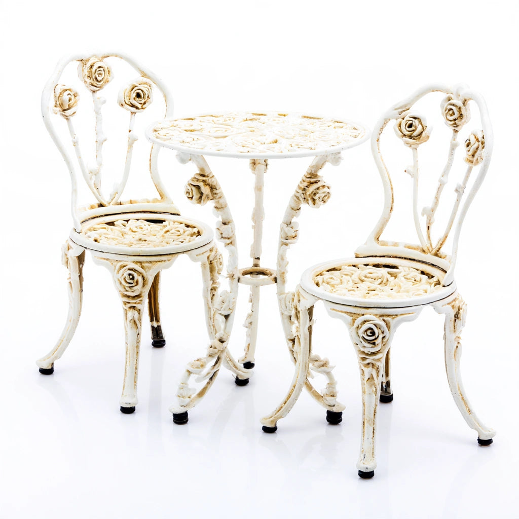 Vyrnloft aluminum garden bistro set with white finish, includes a table and chairs for outdoor living and garden relaxation.