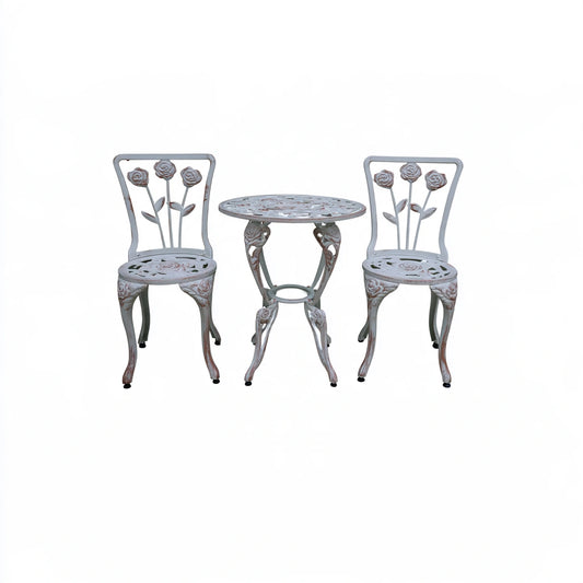 Vyrnloft white aluminum garden bistro set with table and chairs, outdoor furniture for patio or garden use.